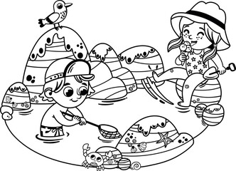 Black and white two kids, a boy and a girl are having fun on the beach. Children summer vacation. Vector illustration.