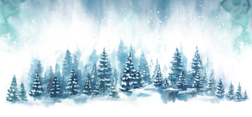 Winter horizontal landscape with snowy background. Watercolor vector Illustration on white background. Blue forest in snow - 446638651