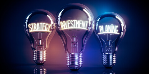 Strategy, investment, planning concept - shining light bulbs - 3D illustration