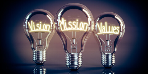 Vision, mission, values - shining light bulbs - 3D illustration - obrazy, fototapety, plakaty