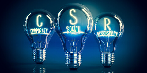 CSR, corporate social responsibility concept - shining light bulbs - 3D illustration - obrazy, fototapety, plakaty