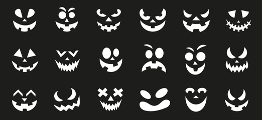 Scary and funny faces of Halloween pumpkin or ghost on black background. Vector illustration.