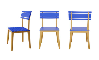 A wooden chair or a blue plastic chair. side view front back isolated on white background, 3d rendering