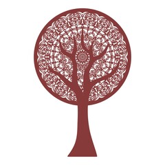 Abstract stylized tree - mandala. Trunk, branches and round crown made of lace pattern, openwork mandala. Nature, plants, eco theme. Dark red object isolated on white background. Vector illustration.