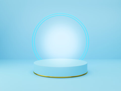 A Blue Plinth With Gold Trim Is Placed On The Floor And Light Blue Walls. Platform For Placing Merchandise And Prizes On A Modern Website - 3D Rendering, Abstract Background.