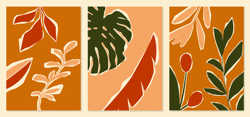 Abstract botanical illustration - monstera leaf, tropical leaves, berries, template for social media. Trendy mid century art, boho home decor, abstract floral wall art © mayrum