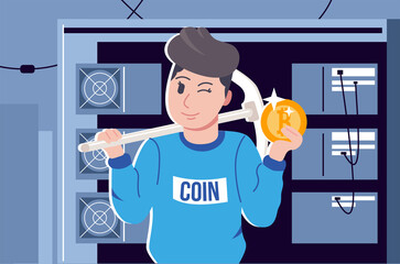 The miner extracts cryptocurrency on a mining farm. Illustration of winking men with pickaxe and cryptocurrency in hands