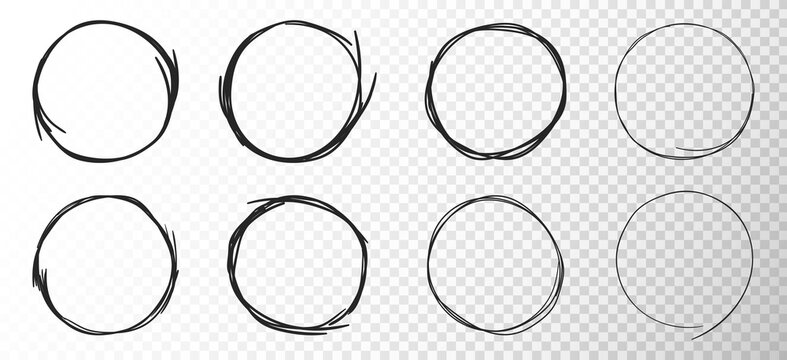 Set of hand drawn circles on transparent background. Sketched simple line rings. Abstract pencil drawing. Circular and round scribble doodle black pencil stroke. Vector illustration