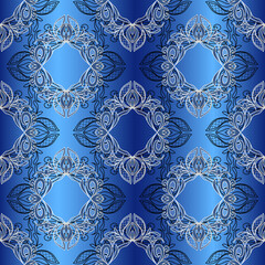 Lace seamless abstract pattern. Vintage floral lace elements, gradient blue background.