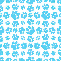 Naklejka na ściany i meble Blue paw print seamless repeating background pattern. Cat or dog footprints. Vector illustration. 