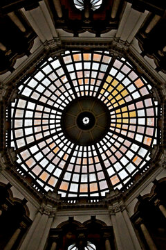 View Up At The Tate Britain Rotunda Glass Dome, Designed By Sidney R. J. Smith ~1893. The Glass Panels Are Various Pastel Colors And Change With Sun Angle.