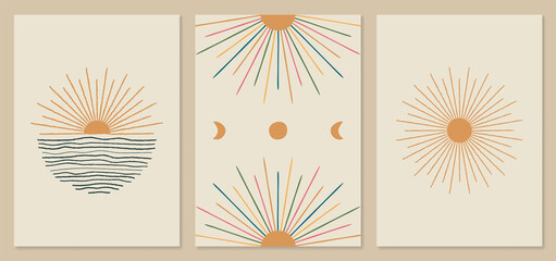 Sunburst, sunrise, sunset, moon phases abstract minimal illustrations. Boho home decor, mid-century wall posters, line art