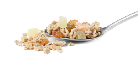 Spoon with granola on white background. Healthy snack