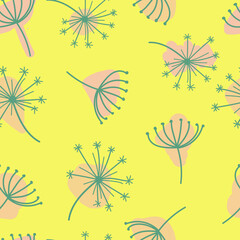 Fototapeta na wymiar patern of inflorescences with an umbrella on a yellow background, Complex inflorescence of dill. summer background contour illustration on floral theme,