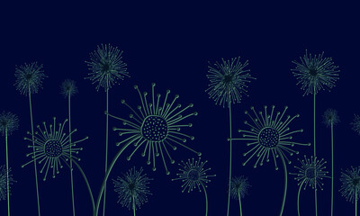 horizontal pattern of summer dandelion inflorescences, light contour fluffy pattern on a dark background, summer air dandelions, stylish floral abstraction