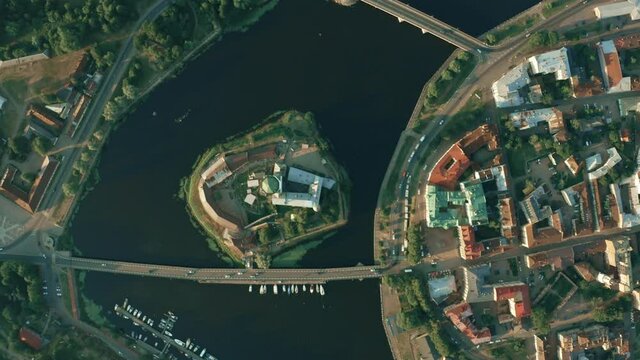Aerial top-down shot of the city of the Vyborg Castle, Russia