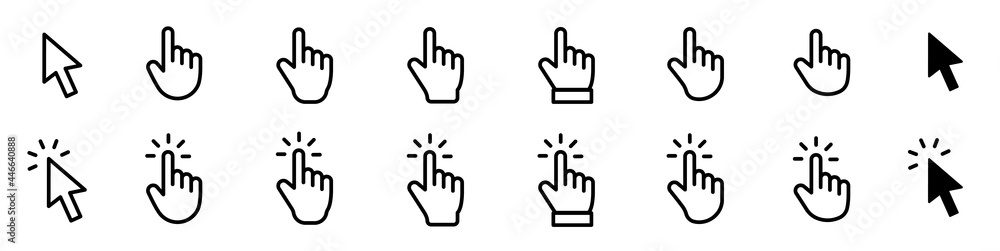Poster pointer cursor сomputer mouse icon. clicking cursor, pointing hand clicks icons. click cursor - stoc