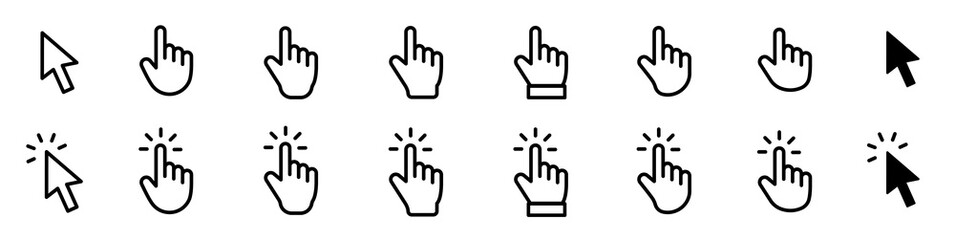 Obraz premium Pointer cursor сomputer mouse icon. Clicking cursor, pointing hand clicks icons. Click cursor - stock vector.