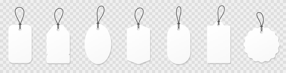 Set blank white paper price tags or gift tags. Paper labels with cord. Set template shopping labels with shadow - stock vector. - obrazy, fototapety, plakaty