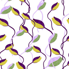 Spring seasonal seamless pattern with yellow, purple and green colored poppy buds flower ornament. Isolated print.