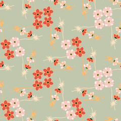 Cute summer style seamless pattern with red and pink little anemone flowers print. Light green background.
