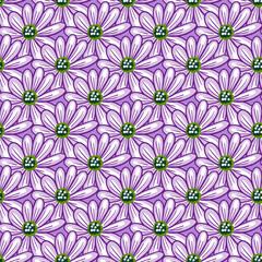 Seamless pattern with simple daisy flowers shapes. Purple background. Natural floral backdrop. Vector design for textile, fabric, giftwra