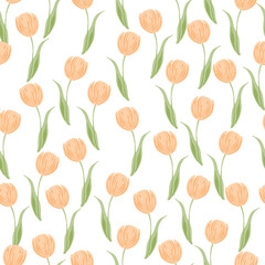 Isolated seamless pattern with random little orange tulip flowers shapes. White background. Summer season.