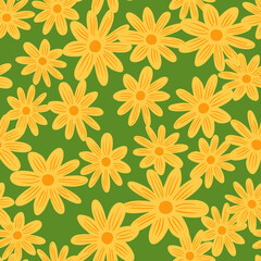 Random decor seamless pattern with yellow flowers daisy shapes. Green background. Organic print.