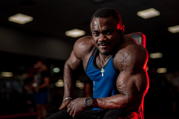 Atlhetic handsome bodybuilder working out. Muscular man trying to push the train.