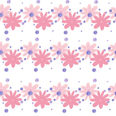 Isolated floral seamless pattern with pink cute small flowers elements. White background. Hand drawn style.