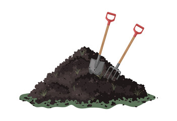 Hayfork and shovel in a pile of ground. Transformation of food waste into fertile soil. Heap of earth, heap of soil. Vector illustration on white background © SERHII