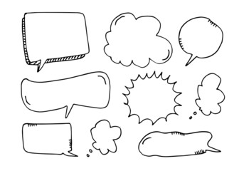Hand drawn set of speech bubbles isolated on white background.