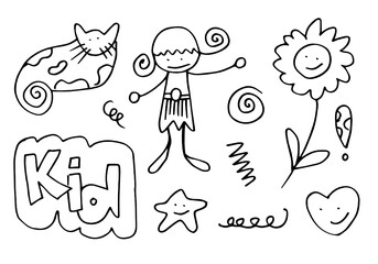 hand-drawn kids doodle set on white background.