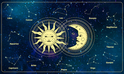 Esoteric crescent moon and sun with moon on zodiac constellation background. Magic banner for astrology, divination, magic, taro. Vector