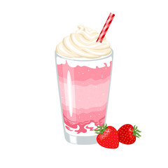 Strawberry milkshake. Vector cartoon illustration of berry cocktail with whipped cream in glass cup. Summer drink flat icon.