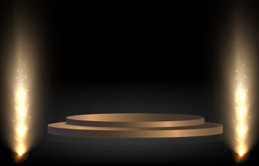 Round podium, pedestal or platform, illuminated by spotlights in the background. Vector illustration. Bright light. Light from above. Advertising place .	