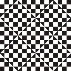 Checker board and mirror rhombs. Vector checker ornament and reverse pattern in reflection rhombuses.