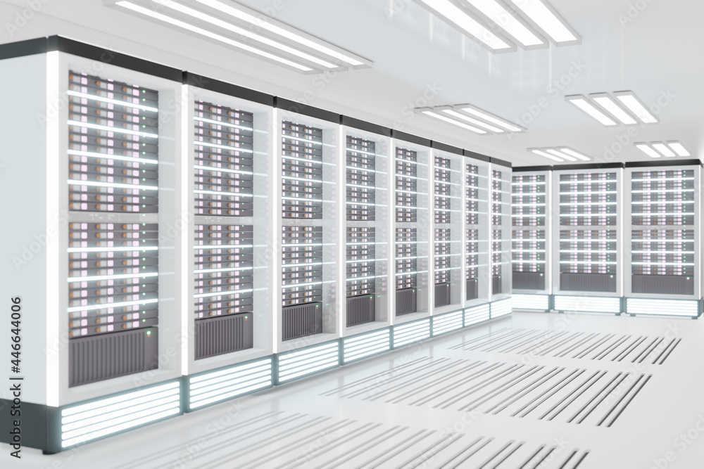 Poster server computer room with light flare in the white color theme. 3d illusration rendering.
