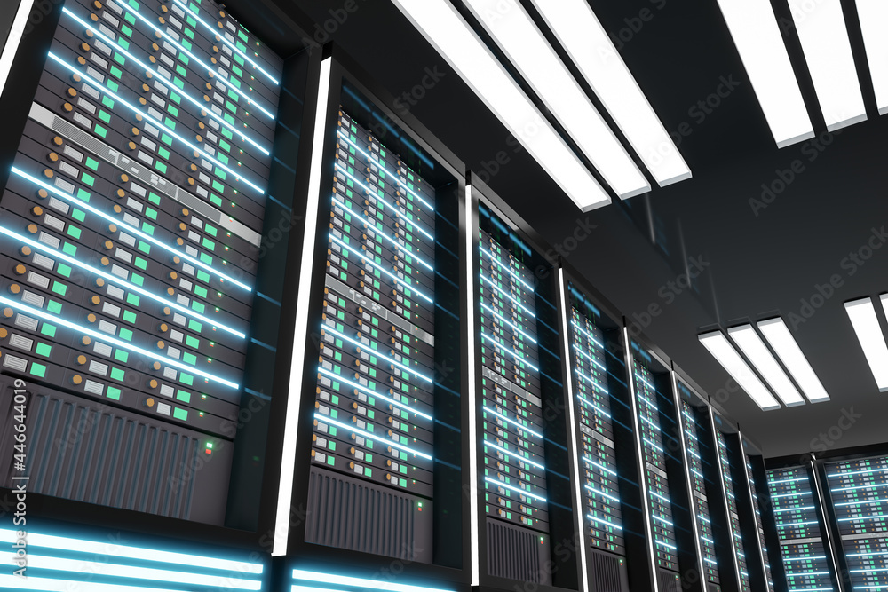 Poster perspective of dark server computer room with light flare. 3d illusration rendering. uprisen angle i