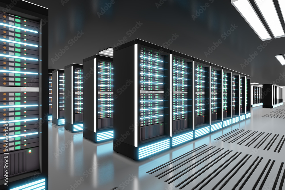 Poster server computer room with light flare in the black color theme. 3d illusration rendering.