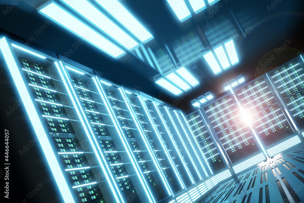 Poster server computer room with light flare in the black color theme. 3d illusration rendering.