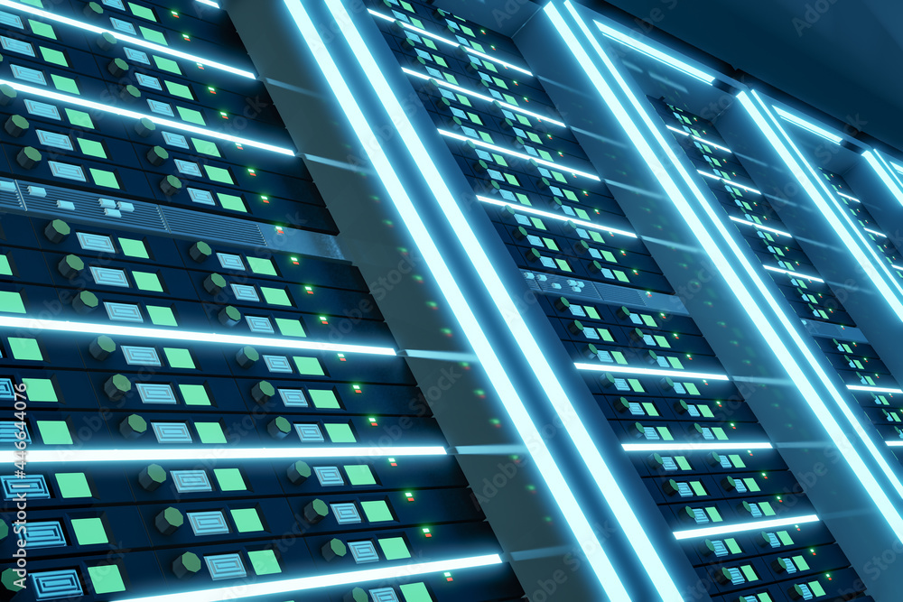 Poster close up of server computer rack with light glow in the dark blue color theme. 3d illusration render