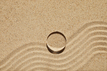 Minimal mockup background for product presentation. Glass podium on sand beach. Top view © vetre