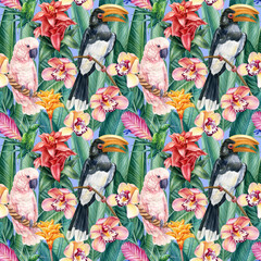 Tropical background, birds toucan, cockatoo and flowers, watercolor illustration, seamless pattern, digital paper