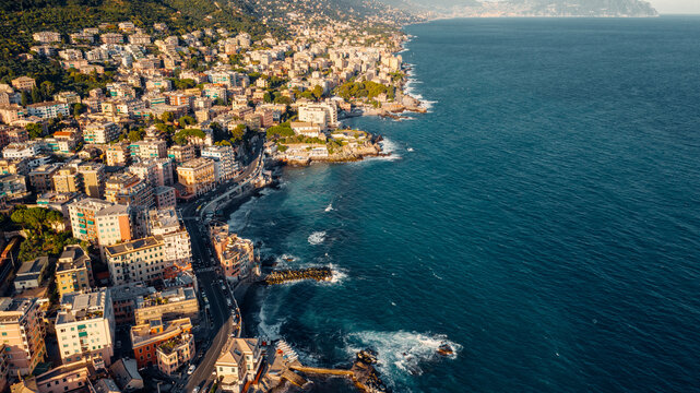 Aerial view over coast of Liguria, beach in Quarto dei Mille by Genova, Italy.