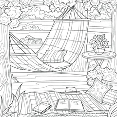 Nature and hammock. Rest zone.Coloring book antistress for children and adults.Zen-tangle style. Black and white drawing.Hand drawn