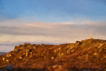 Digital painting of the trigonometry point on top of The Roaches at sunset in the Peak District National Park.