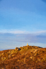 Digital painting of the trigonometry point on top of The Roaches at sunset in the Peak District National Park.
