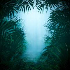 Misty jungle nature frame / 3D illustration of mysterious rainforest background with light rays shining through forest canopy framing copy space