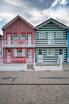 Traditional color striped houses near the Costa Nova beach in Aveiro, Centro, Portugal
